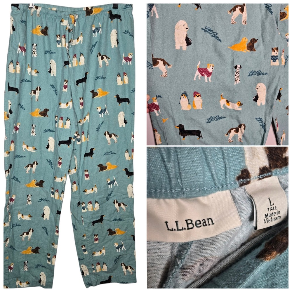 L.L. Bean Flannel Pajama Pants L Tall Blue Dog Print All Over Lounge Sleepwear